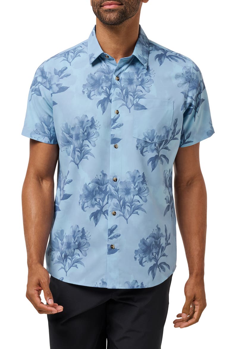 Seashelf Floral Technical Button-Up Shirt, Main, color, FORGET ME NOT