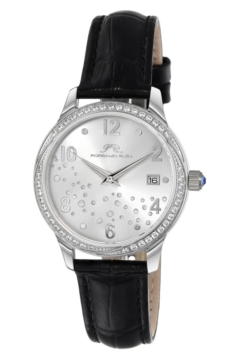 Ruby Sunray Croc Embossed Leather Strap Watch, 34mm, Main, color, SILVER/BLACK