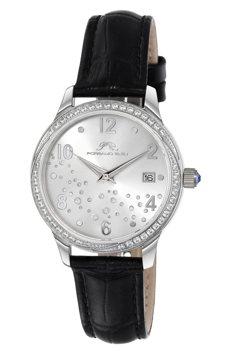 PORSAMO BLEU Ruby Sunray Croc Embossed Leather Strap Watch, 34mm, Main, color, Silver/Black