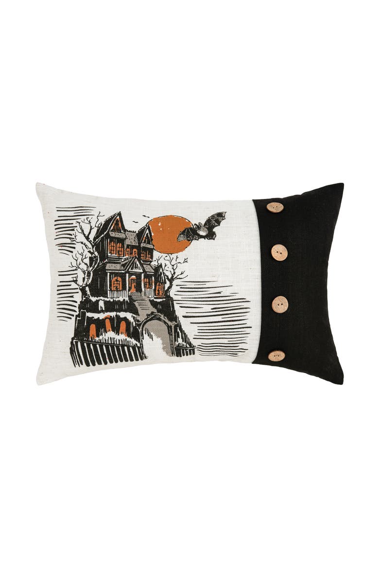 Haunted House Halloween 100% Polyester Printed Accent Pillow w/ Decorative Buttons 13" x 20", Main, color, Beige
