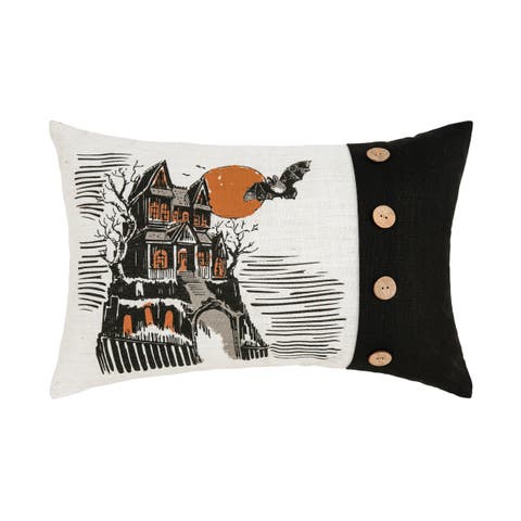 Haunted House Halloween 100% Polyester Printed Accent Pillow w/ Decorative Buttons 13" x 20"