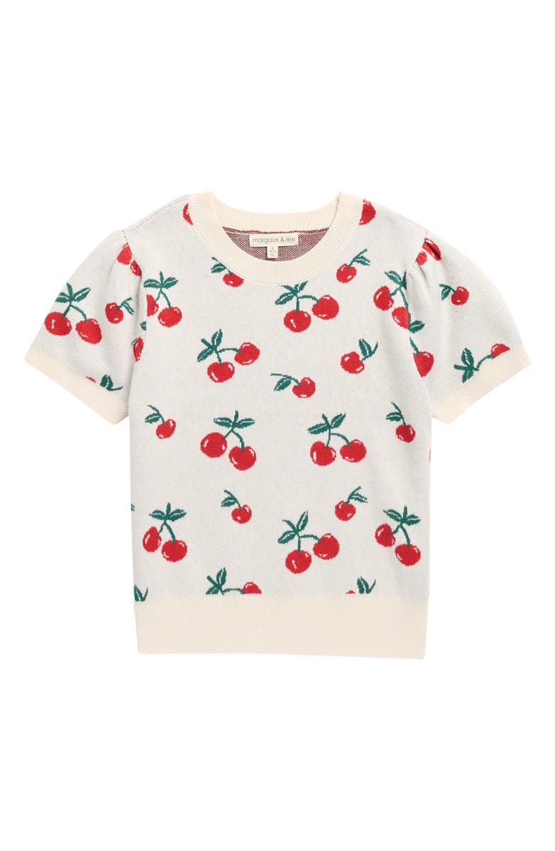 MARGAUX AND LEXI Kids' Cherry Jacquard Short Sleeve Sweater, Main, color, Marshmallow