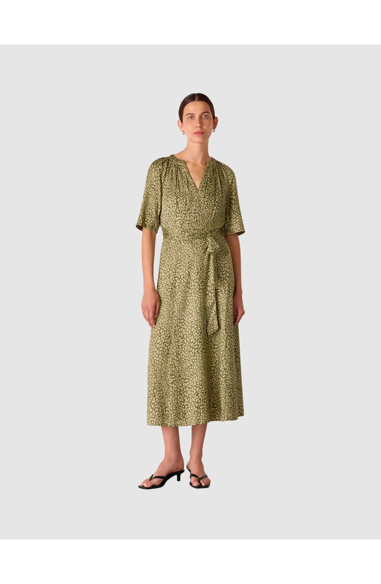 Whistles Leopard Short Sleeve Midi Dress, Main, color, Green/Multi