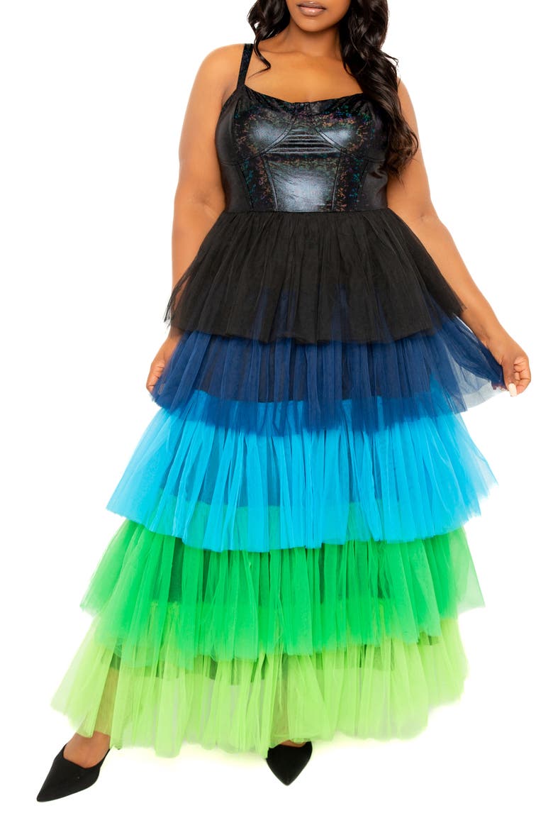 Colorful Tiered Faux Leather & Tulle Maxi Dress, Main, color, BLUE MULTI