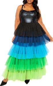 BUXOM COUTURE Colorful Tiered Faux Leather & Tulle Maxi Dress