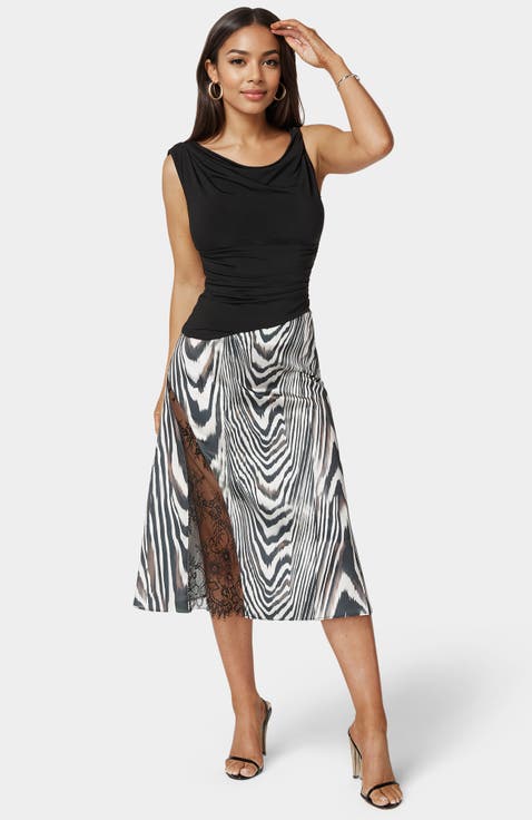 Asymmetrical Lace Insert Satin Skirt