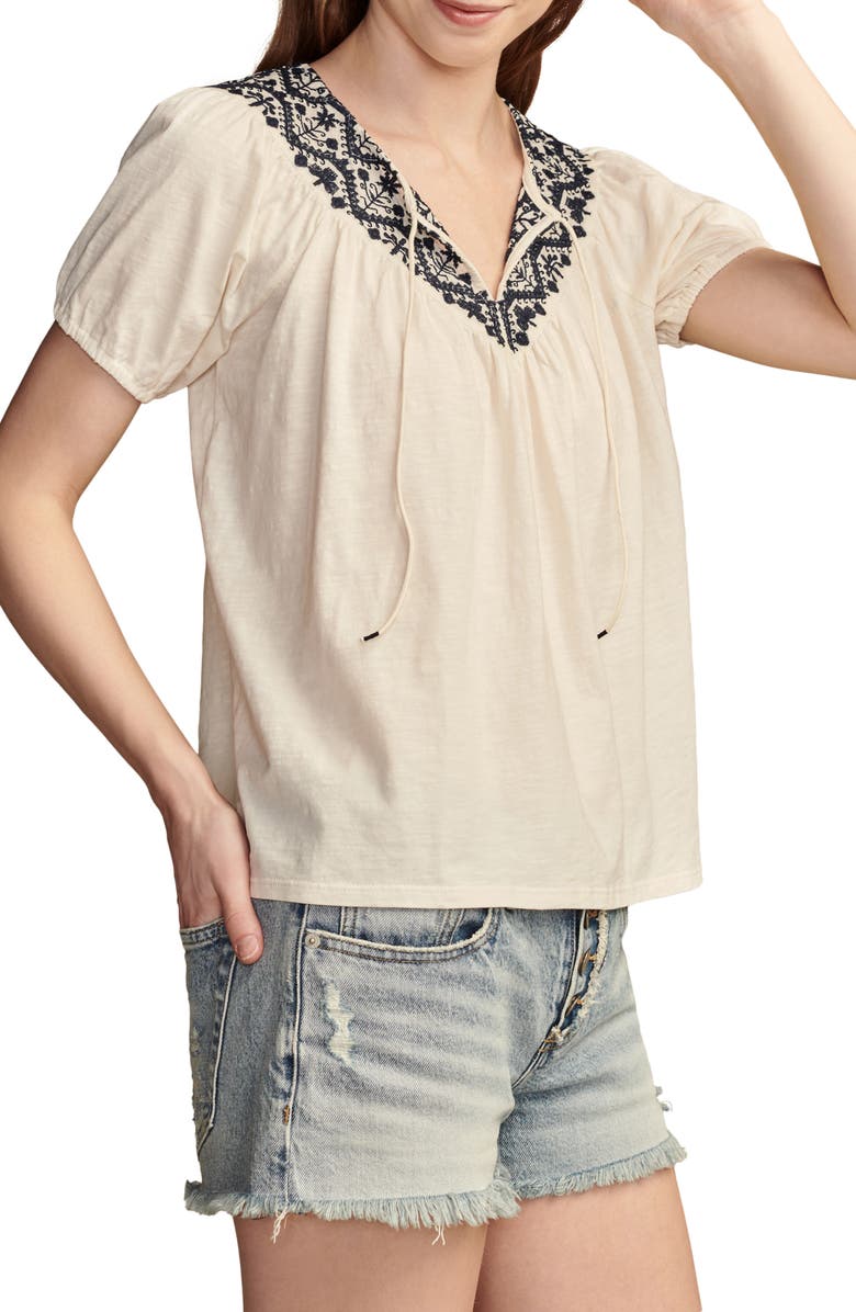 Lucky Brand Embroidered Split Neck Top, Alternate, color,