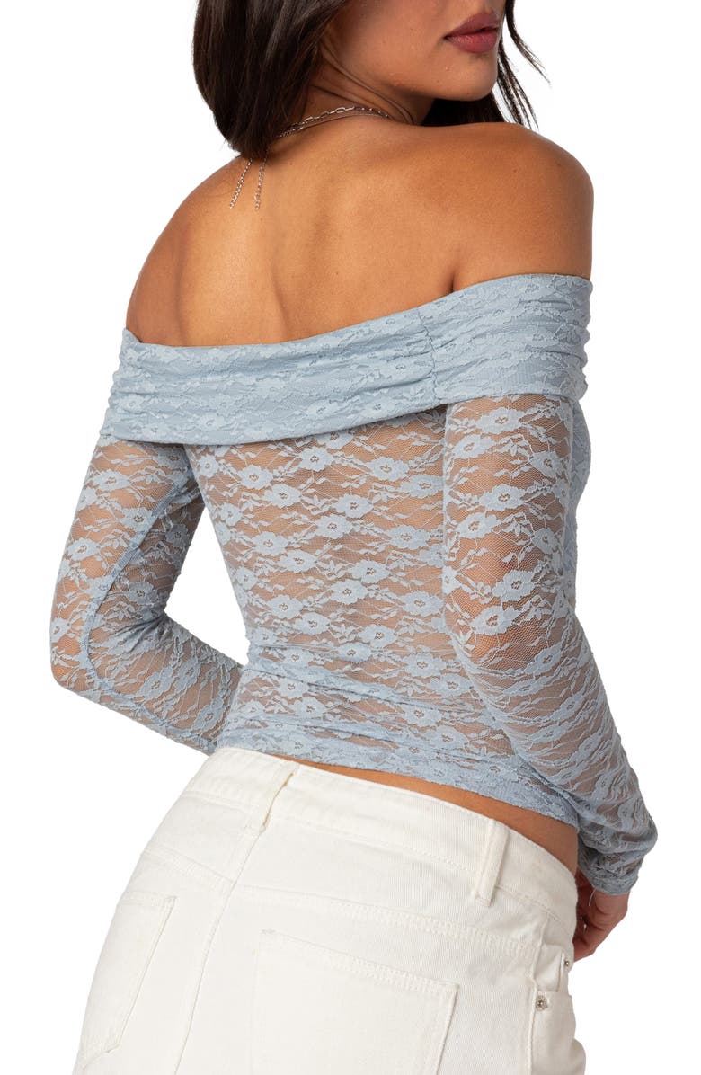 EDIKTED Elysia Foldover Lace Off the Shoulder Crop Top, Alternate, color, Light-Blue