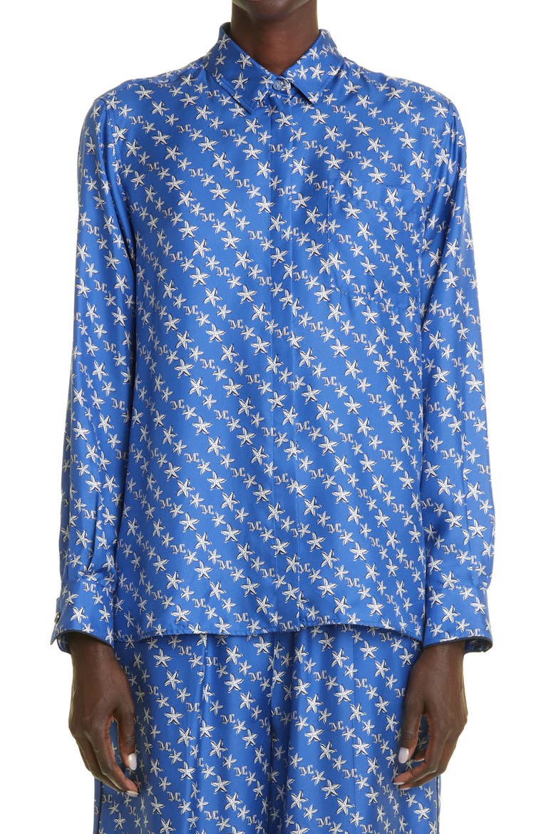 London Starfish Print Silk Blouse, Main, color, CORNFLOWER BLUE
