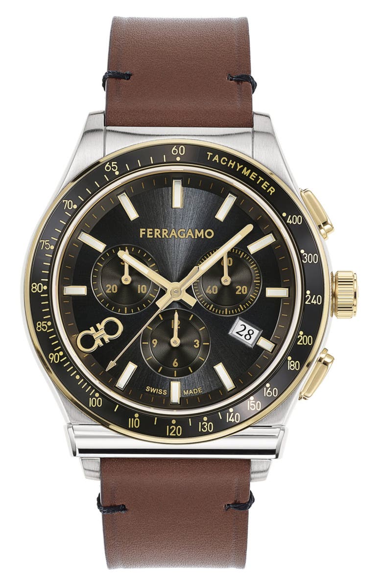 FERRAGAMO 1927 Chronograph Leather Strap Watch, 42mm, Main, color, Two Tone