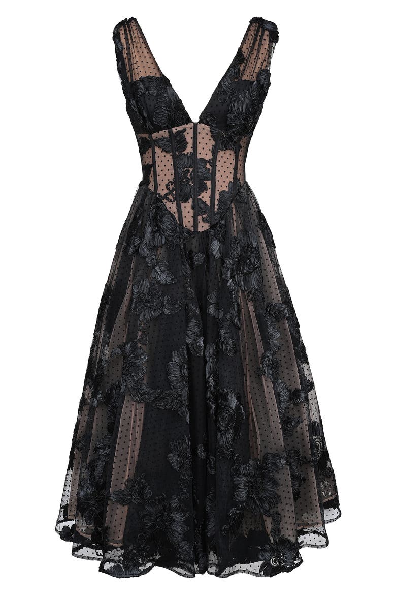 Sianna Lace Corset Cocktail Midi Dress, Alternate, color, BLACK