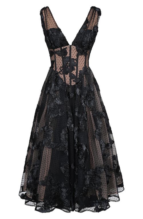 House Of Cb Sianna Lace Corset Cocktail Midi Dress In Black