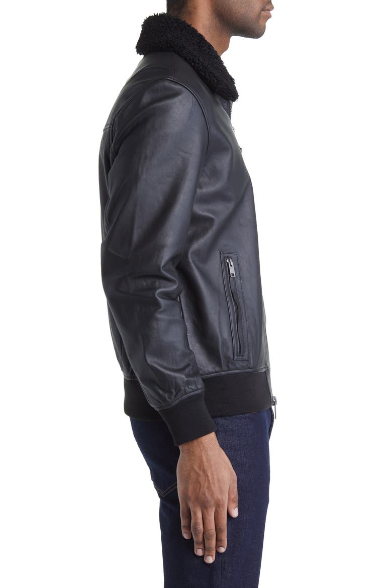 Leather Bomber Jacket with Removable Faux Shearling Collar, Alternate, color, BLACK