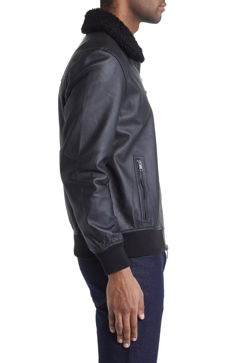 Frye Leather Bomber Jacket with Removable Faux Shearling Collar, Alternate, color, Black