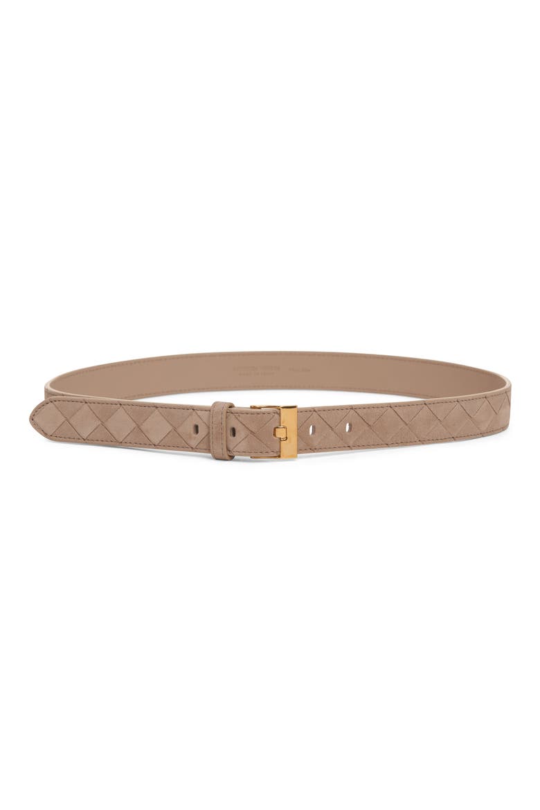 Mastice Buckle Intrecciato Suede Belt, Main, color, 1550 MASTICE-M BRASS
