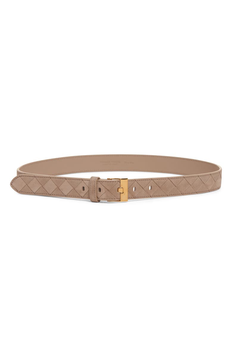 Bottega Veneta Mastice Buckle Intrecciato Suede Belt, Main, color, 1550 Mastice-M Brass