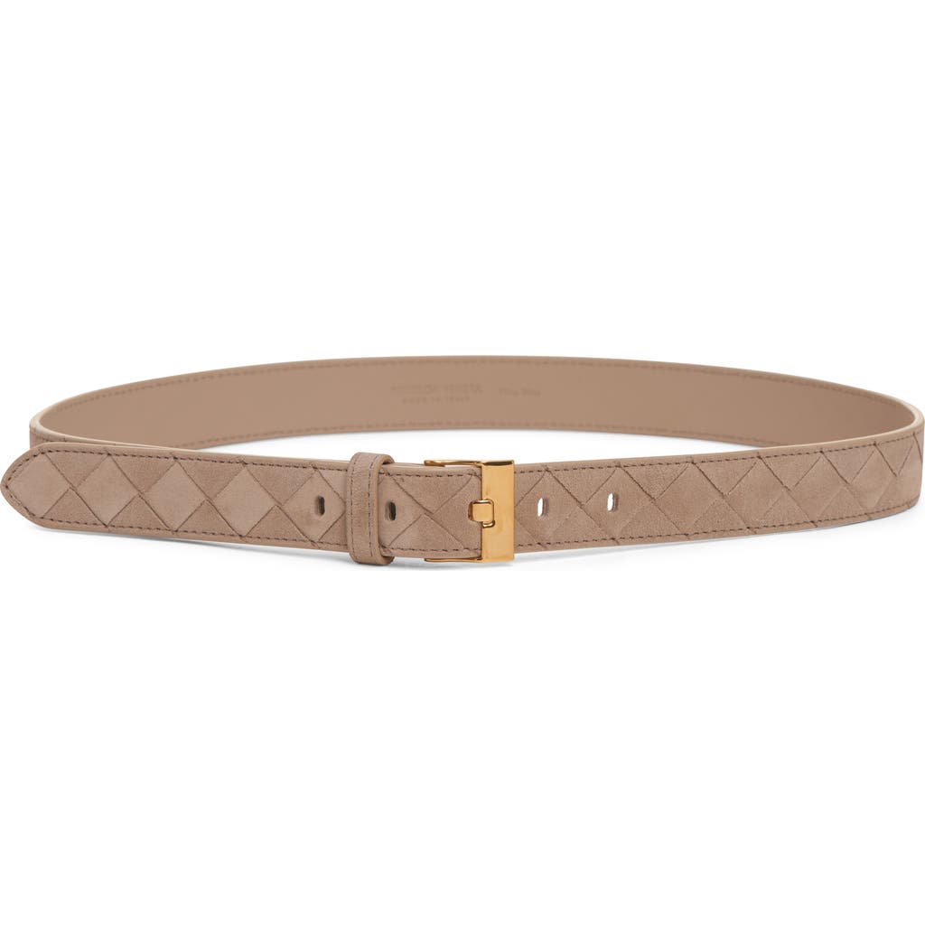 Bottega Veneta Mastice Buckle Intrecciato Suede Belt In Brown