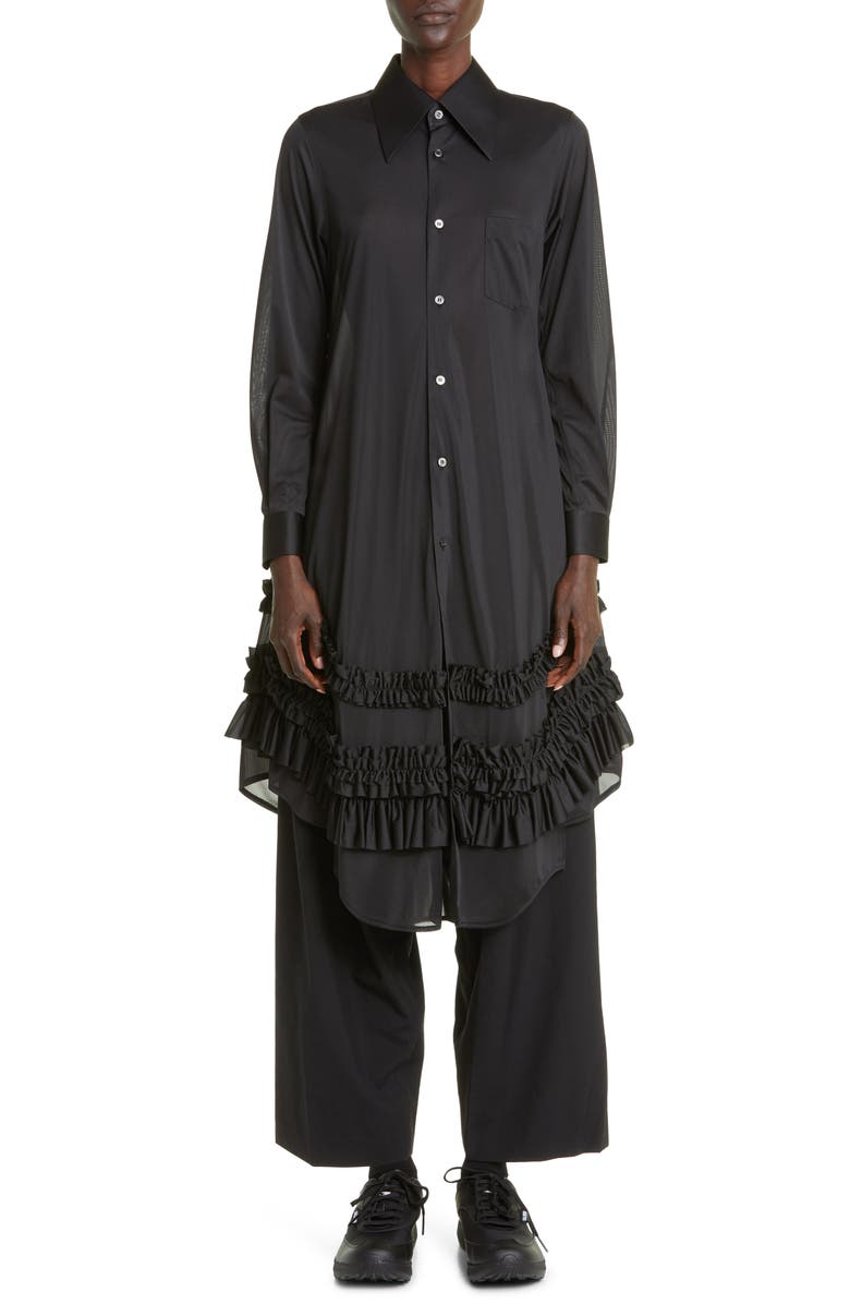 Comme des Garçons Ruffle Trim Long Sleeve High-Low Tricot Shirtdress, Main, color,