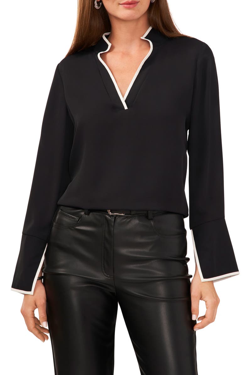 Vince Camuto Trim Split Neck Top, Main, color, Rich Black