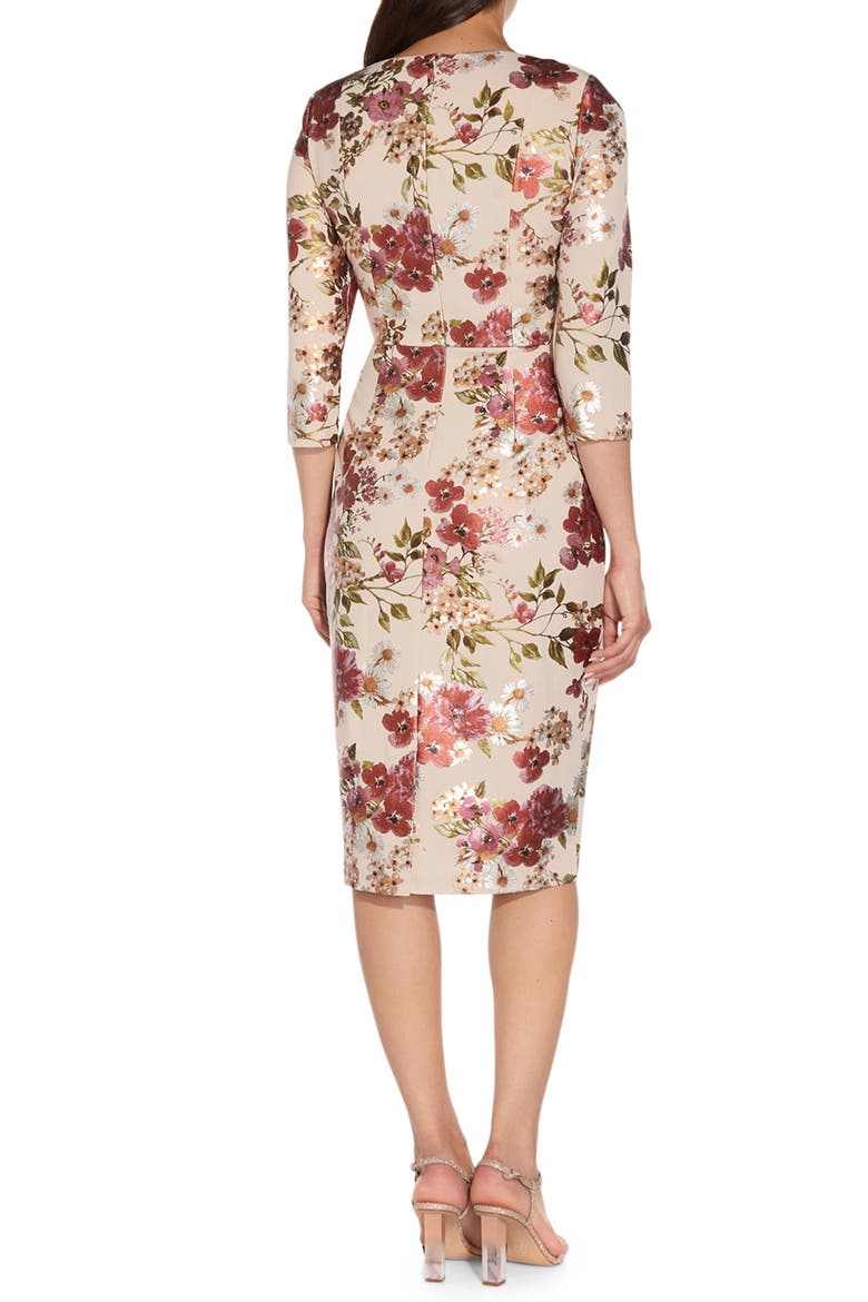 Floral Tie Front Padded Shoulder Sheath Dress, Alternate, color, ALABASTER MULTI
