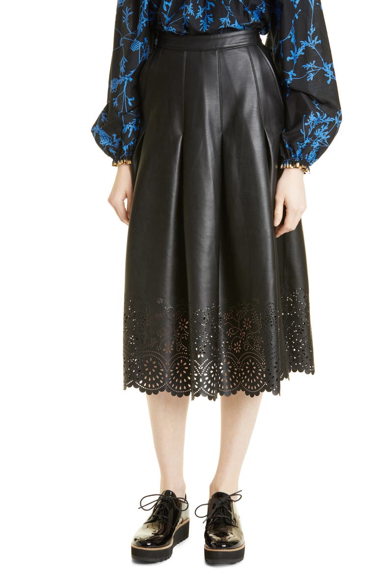 Neil Pointelle Hem Faux Leather Skirt, Main, color, BLACK