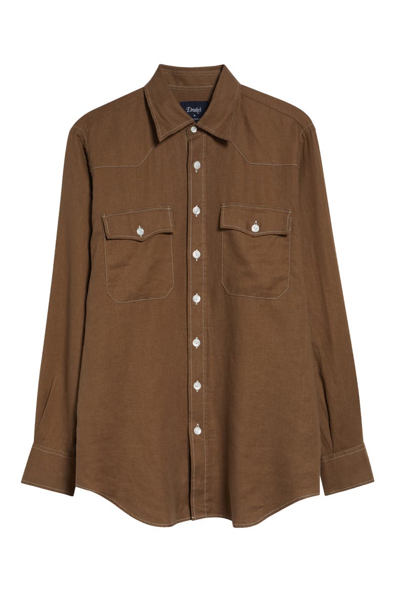 Western Linen Button-Up Shirt, Alternate, color, BROWN