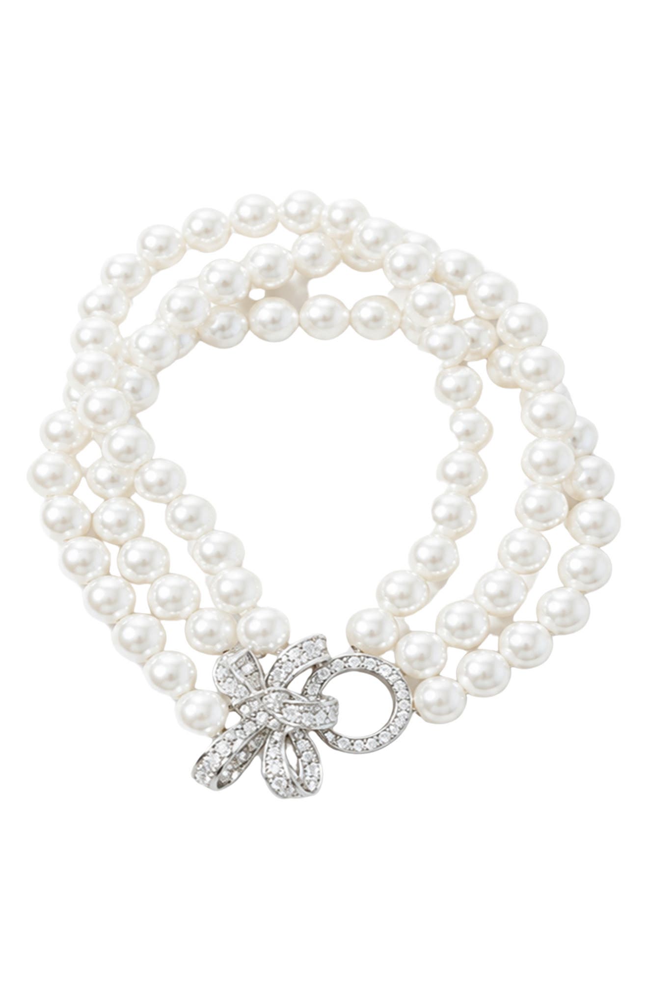 Pavé Crystal Bow Faux Pearl Multistrand Bracelet