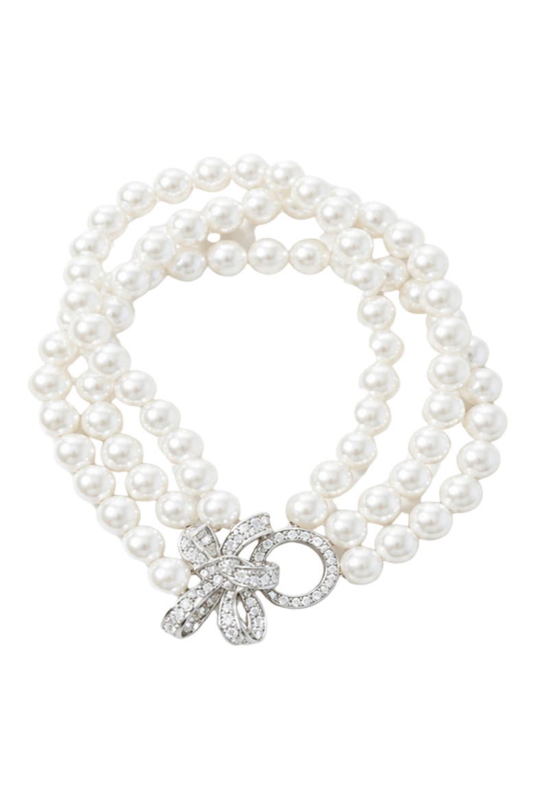 Pavé Crystal Bow Faux Pearl Multistrand Bracelet, Main, color, SILVER