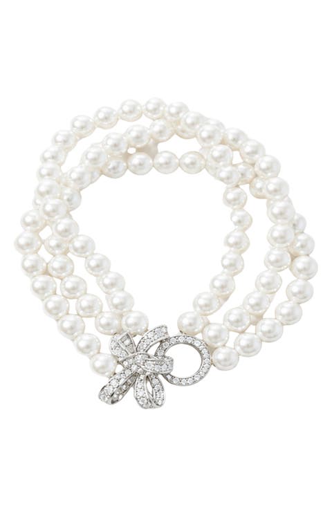Pavé Crystal Bow Faux Pearl Multistrand Bracelet