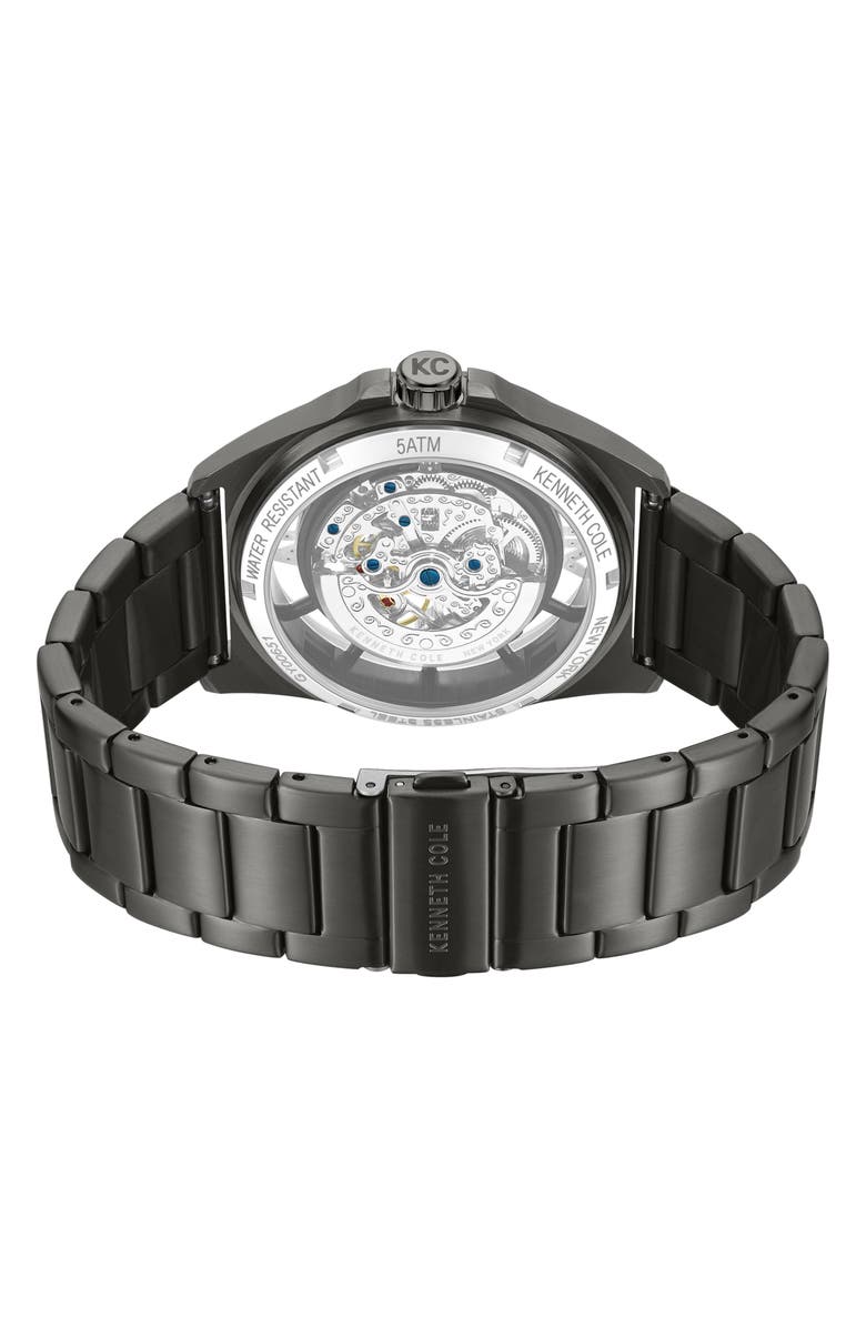 Kenneth Cole New York Skeleton Gunmetal Automatic Bracelet Watch, 44mm, Alternate, color, Dark Gray