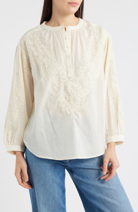 Lace Trim Half Placket Blouse
