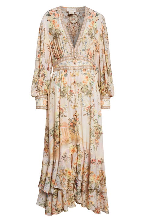 Twilight in Istanbul Long Sleeve Silk Maxi Dress