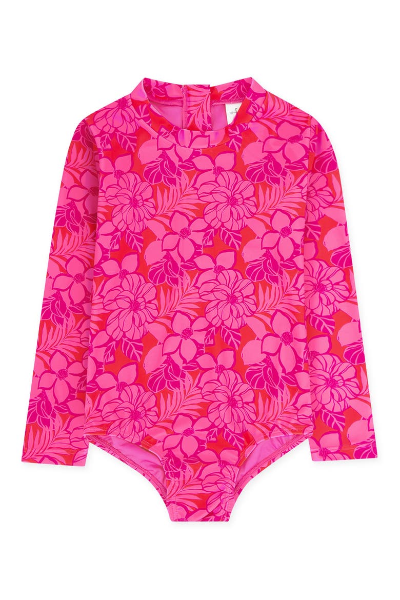 Kids' Wave Chaser Long Sleeve UPF 50+ One-Piece Rashguard Swimsuit, Main, color, PINK SUNSET