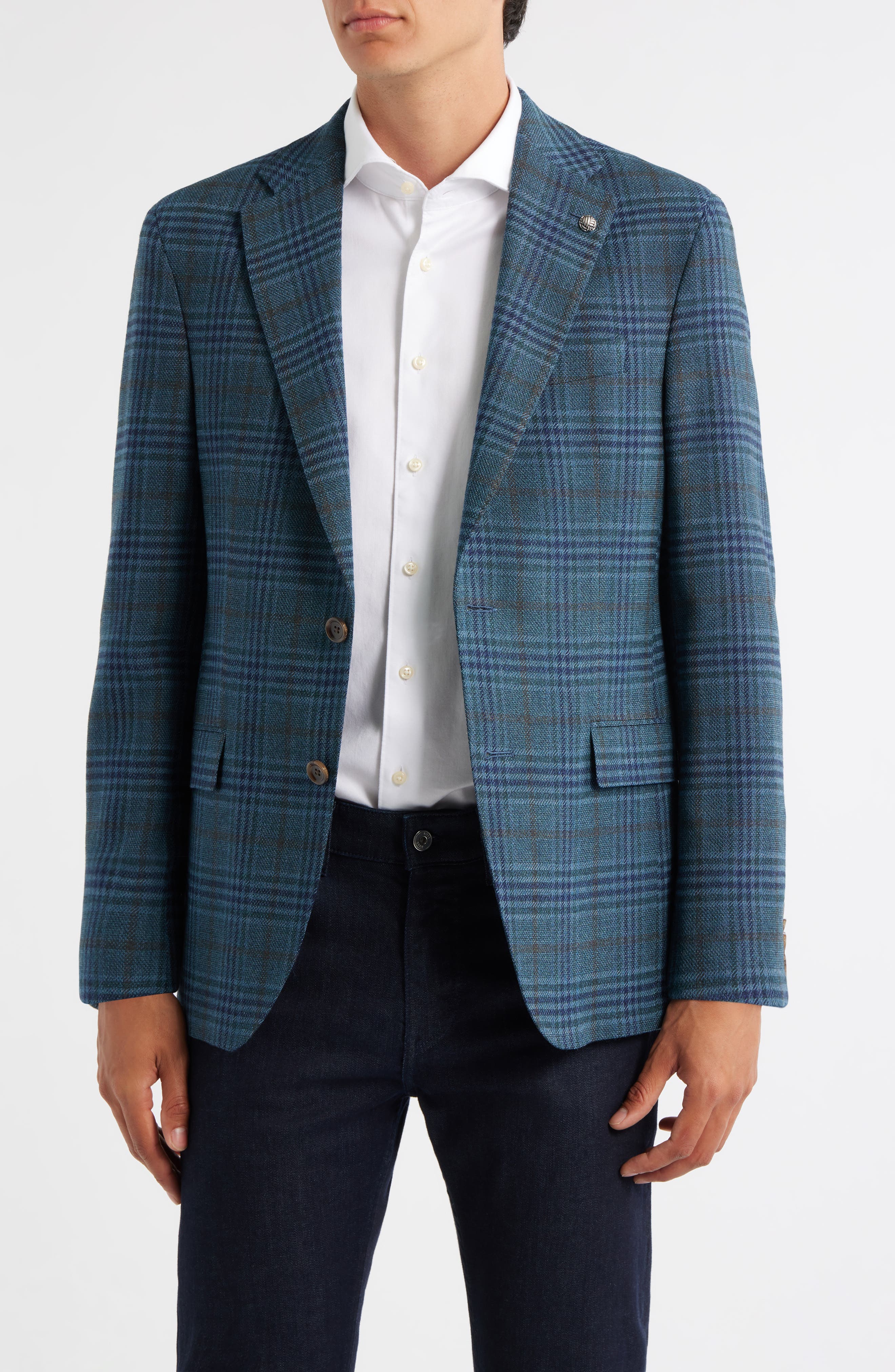 Jack Victor Midland Contemporary Fit Teal Plaid Wool Sport Coat