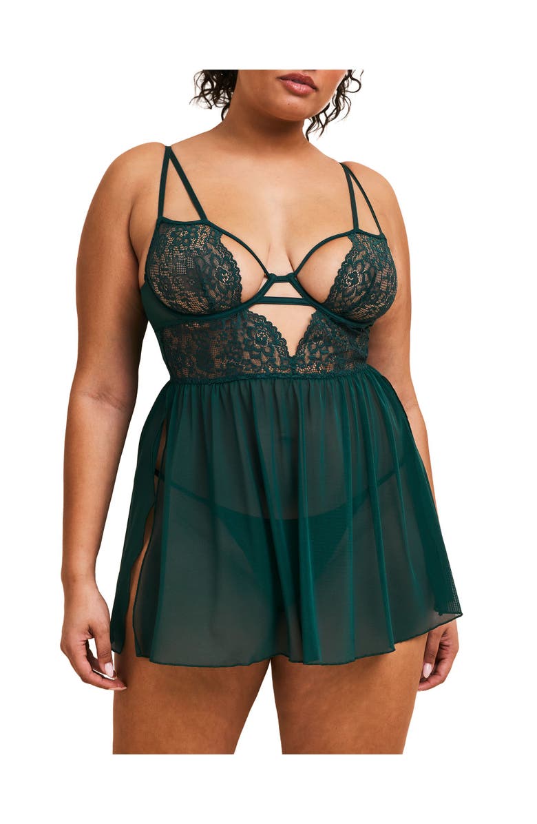 Adore Me Rae Unlined Babydoll & G-String Set Lingerie, Main, color, Medium Green