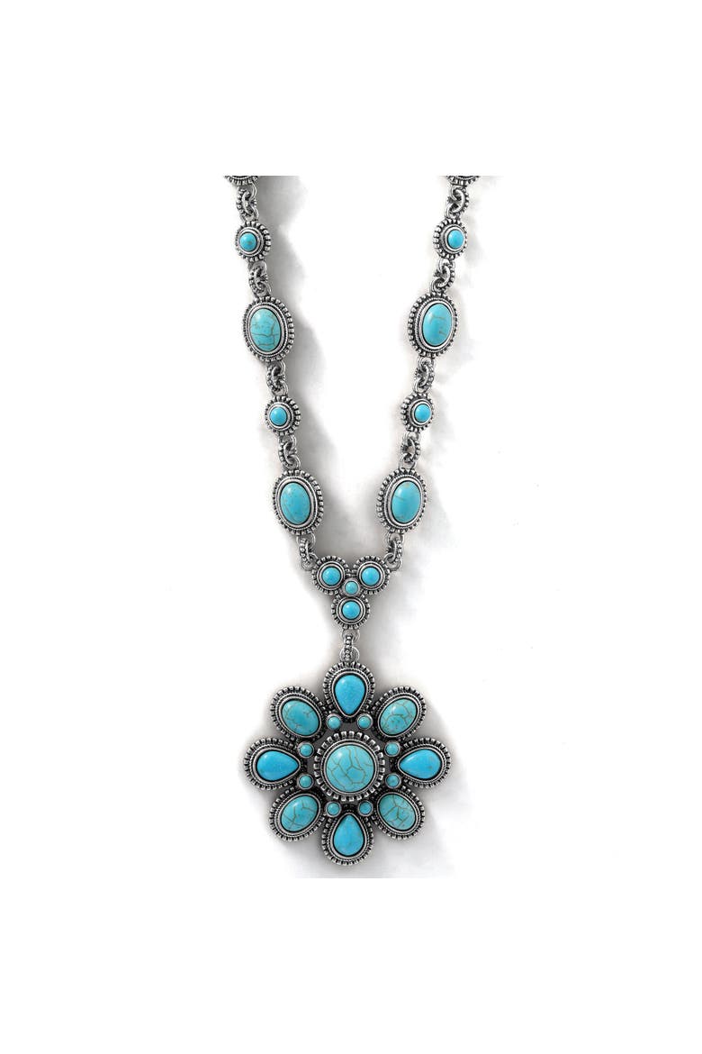 Women's Large Turquoise Stone Flower Necklace in Silver or Gold Tone, Alternate, color, Gold, silver, turquoise