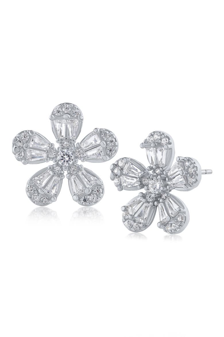 Cubic Zirconia Floral Stud Earrings, Main, color, CLEAR/ SILVER