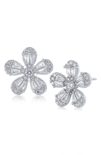 Cz By Kenneth Jay Lane Cubic Zirconia Floral Stud Earrings In Silver