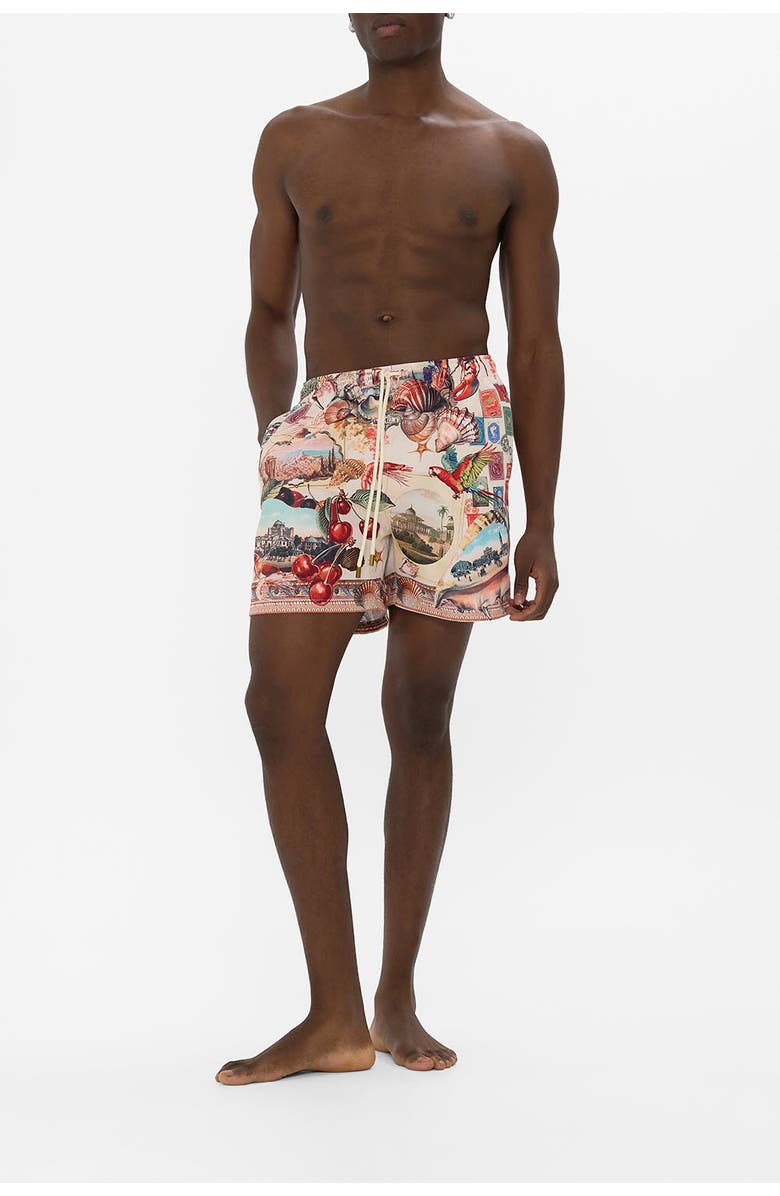 Camilla Mid Length Boardshort With Elastic Waist Notes From The Road, Alternate, color, Notes From The Road