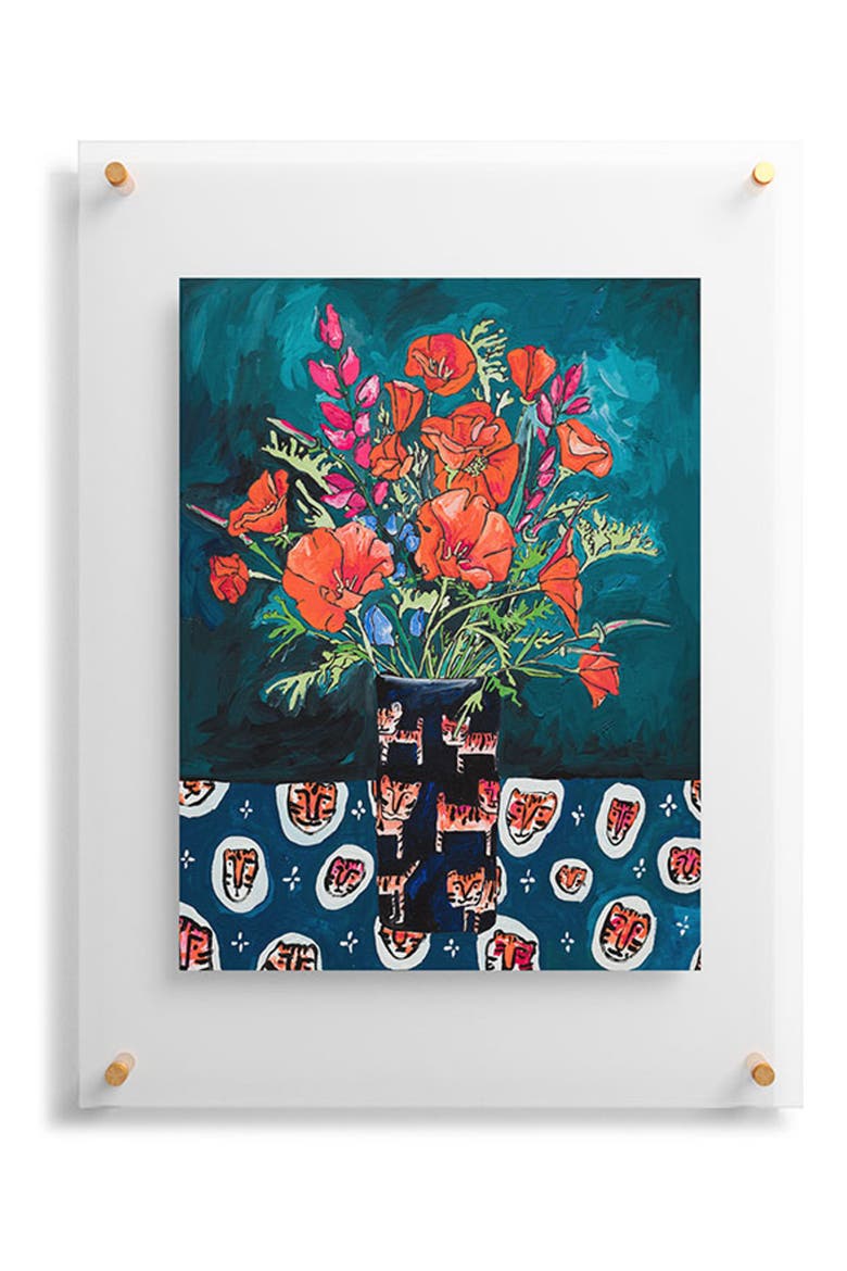 California Summer Bouquet Oranges & Lily Blossoms in Blue & White Urn Floating Art Print, Main, color, BLUE