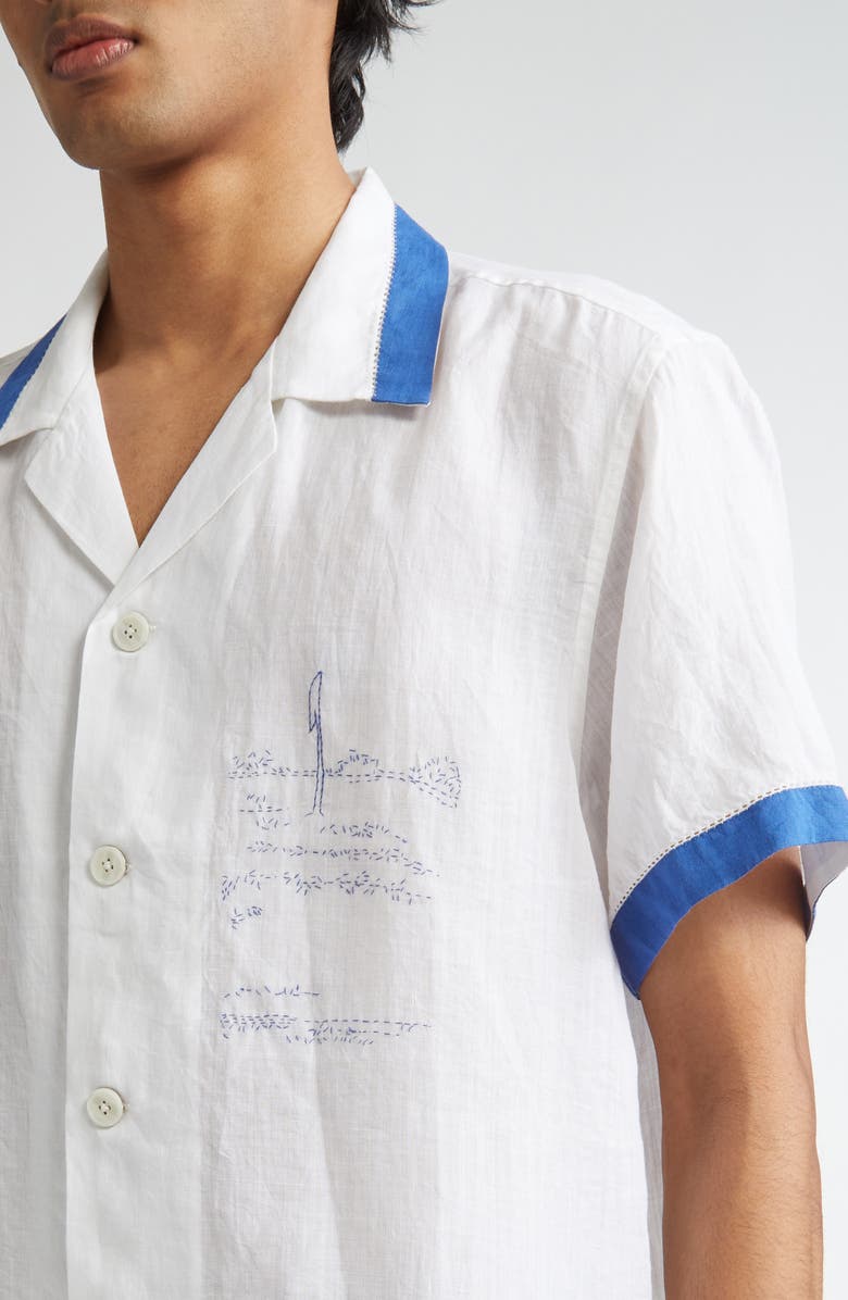 Bode Club Champion Short Sleeve Linen Camp Shirt, Alternate, color, White/ Blue