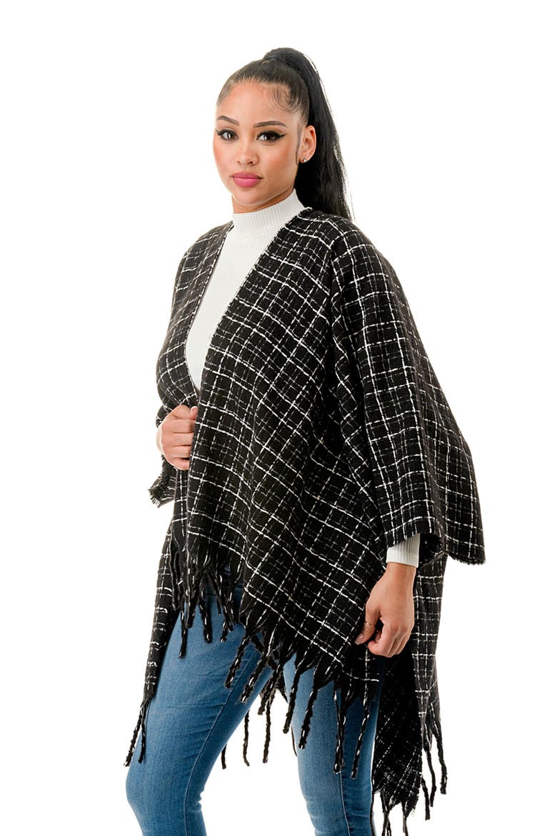 Windowpane Tweed Fringed Ruana, Alternate, color, BLACK