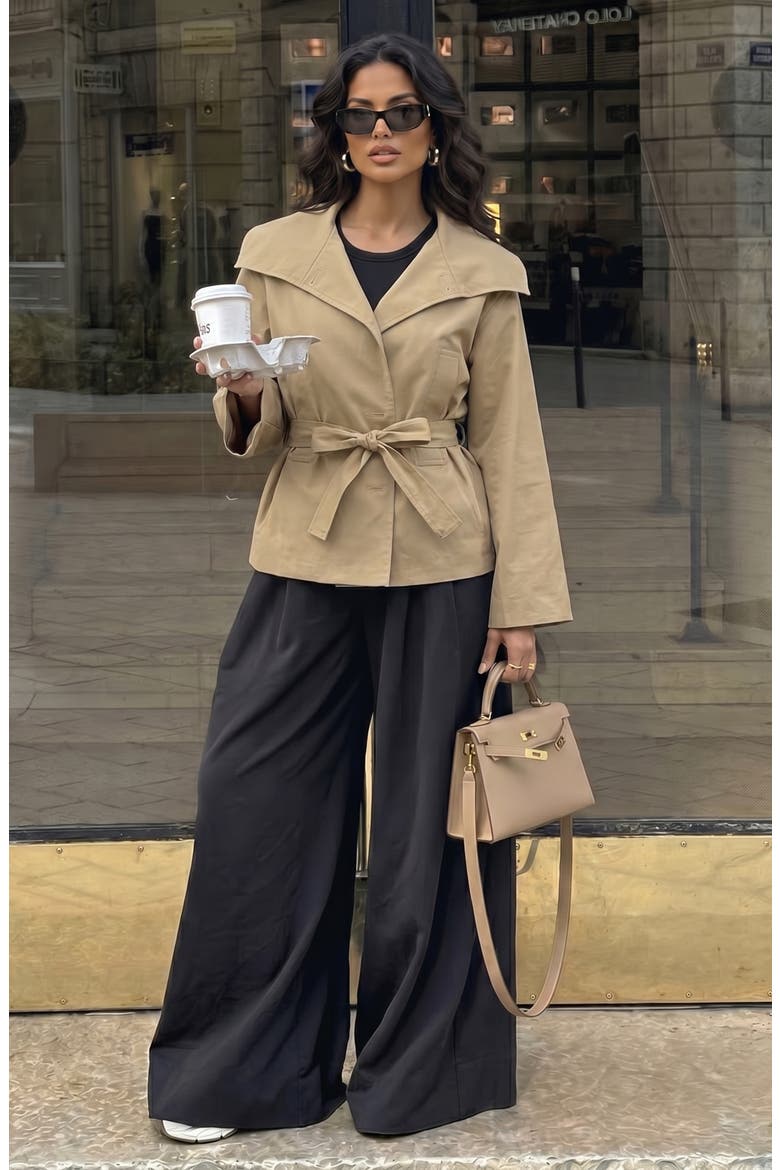 Belted Wide Lapels Wrap Jacket, Alternate, color, Tan