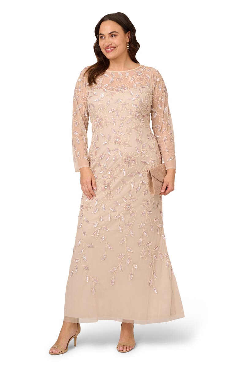 Adrianna Papell Beaded Illusion Long Sleeve Gown, Alternate, color, 
