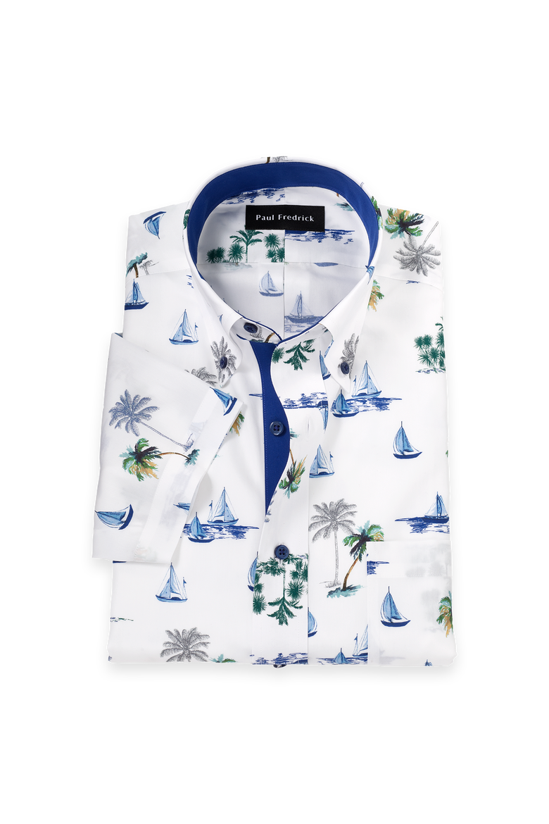 Cotton Buttondown Collar Poplin Tailored Contrast Trim Hemmed Sleeve Short Sleeve Shirt, Main, color, White Multi