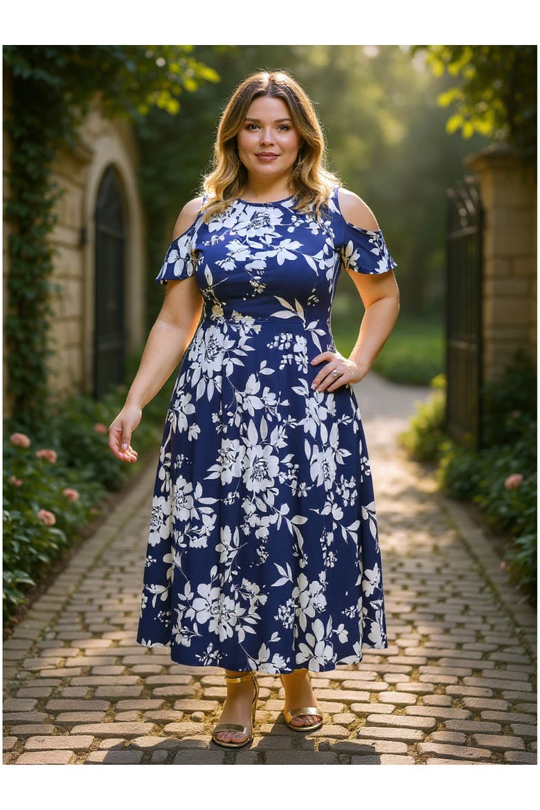 Plus Size Floral Ruffle Sleeve Cold Shoulder A-Line Maxi Dress, Alternate, color, Navy Multi