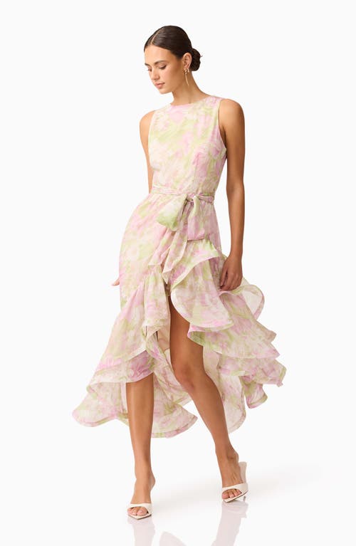 Elliatt Lacinda Ruffle Tie Waist Asymmetric Gown In Ivory Multi