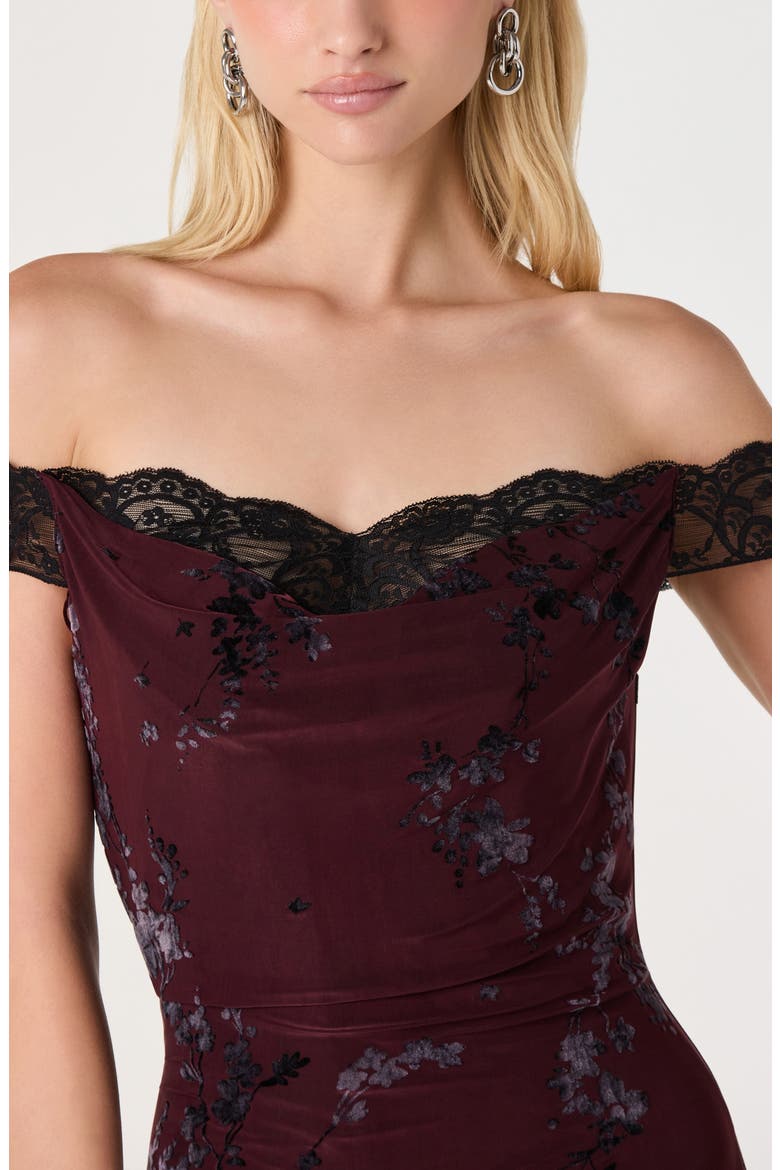 Heloise Floral Lace Trim Off the Shoulder Minidress, Alternate, color, WINE BLACK FLORAL