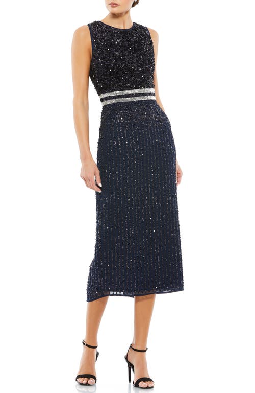 Mac Duggal Sleeveless High Neck Beaded Midi Sheath Dress In Navy