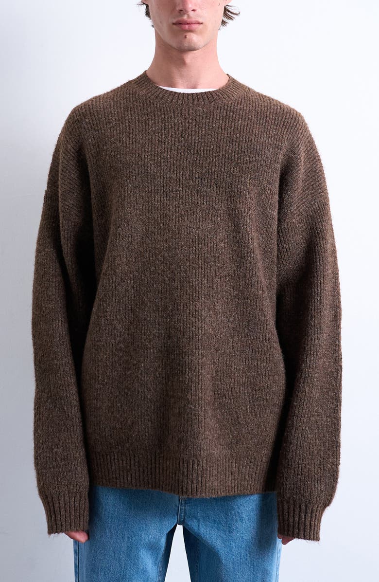 Topman Oversize Crewneck Sweater, Main, color, Brown